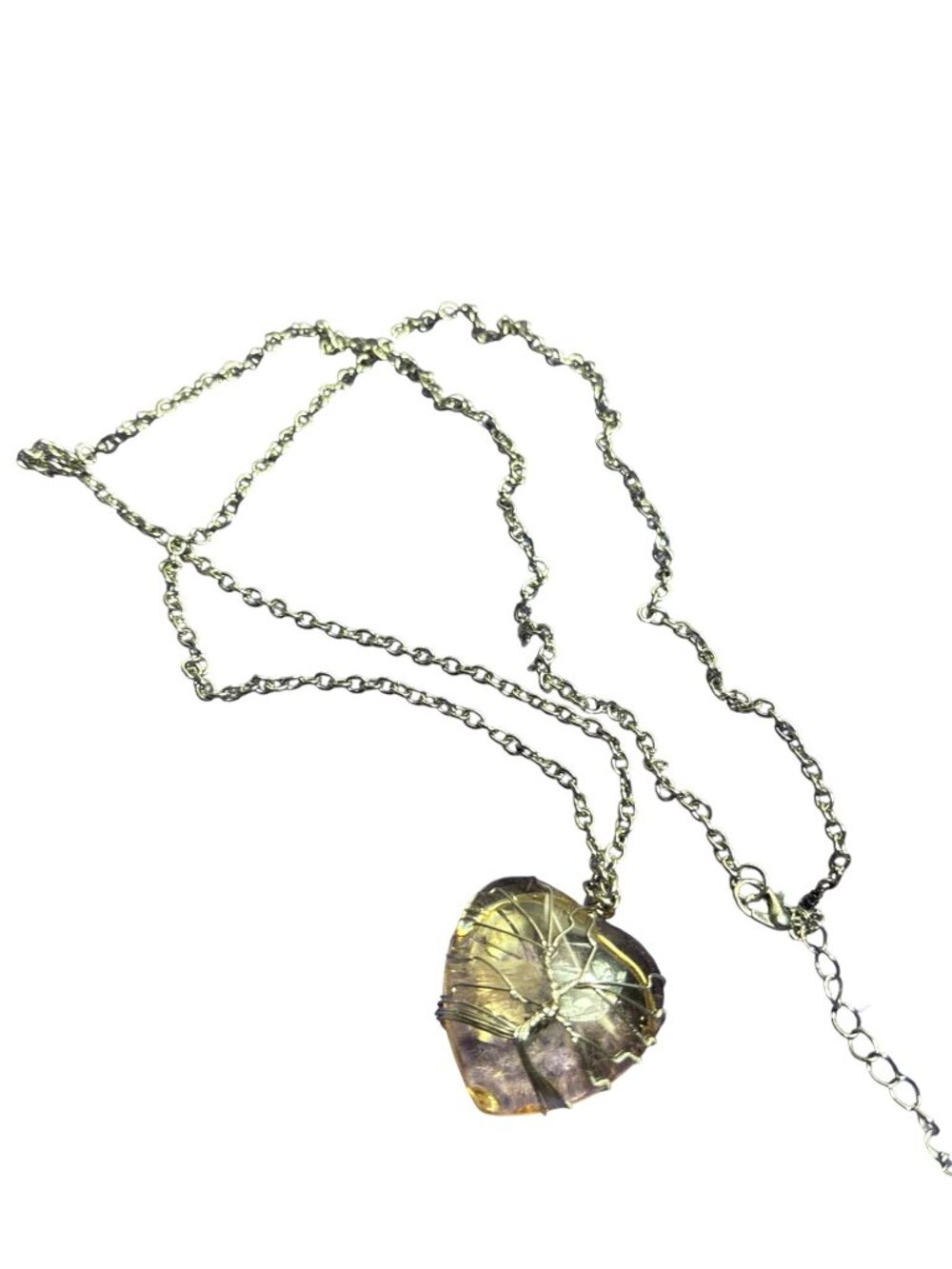 Silvertone Wire Wrapped Peach Plastic Heart Pendant Necklace 32 - 35 inches Long
